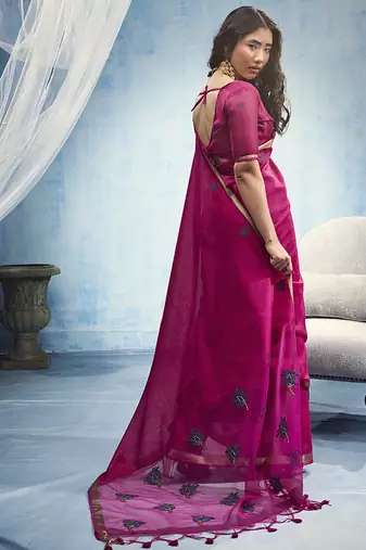 rani pink munga cotton blend handloom weaving festive wear saree