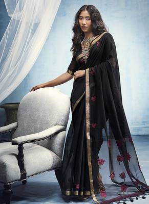 black munga cotton blend handloom weaving festive wear saree 1