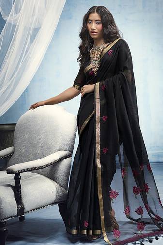 black munga cotton blend handloom weaving festive wear saree