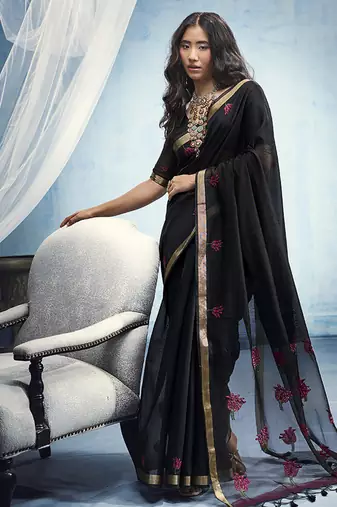black munga cotton blend handloom weaving festive wear saree
