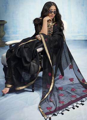 black munga cotton blend handloom weaving festive wear saree 3