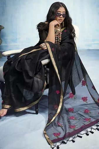 black munga cotton blend handloom weaving festive wear saree