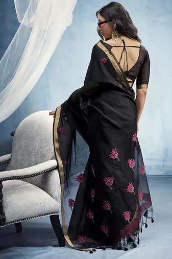 black munga cotton blend handloom weaving festive wear saree