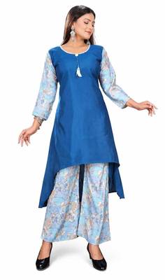 Women's Royal Blue High-Low Kurti with Floral Printed Palazzo Set 1