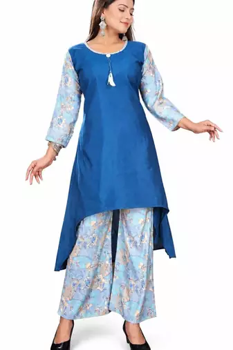Women's Royal Blue High-Low Kurti with Floral Printed Palazzo Set