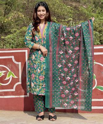 Women's Cotton Floral Printed Anarkali Kurta Palazzo Set with Dupatta  1