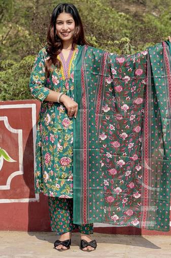 Women's Cotton Floral Printed Anarkali Kurta Palazzo Set with Dupatta 