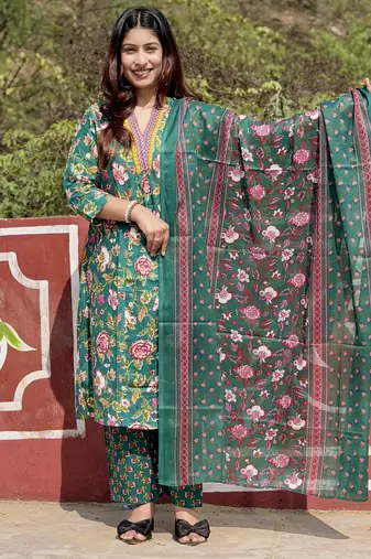 Women's Cotton Floral Printed Anarkali Kurta Palazzo Set with Dupatta 