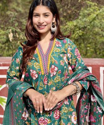 Women's Cotton Floral Printed Anarkali Kurta Palazzo Set with Dupatta  2