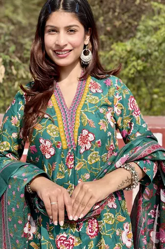 Women's Cotton Floral Printed Anarkali Kurta Palazzo Set with Dupatta 