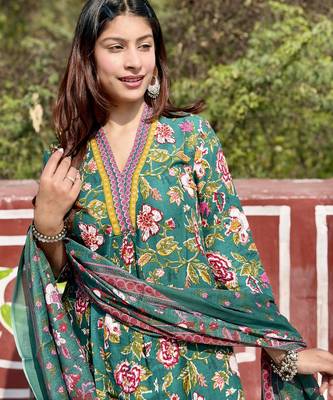 Women's Cotton Floral Printed Anarkali Kurta Palazzo Set with Dupatta  3