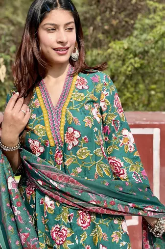 Women's Cotton Floral Printed Anarkali Kurta Palazzo Set with Dupatta 