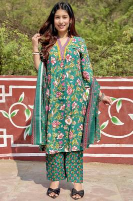 Women's Cotton Floral Printed Anarkali Kurta Palazzo Set with Dupatta  4