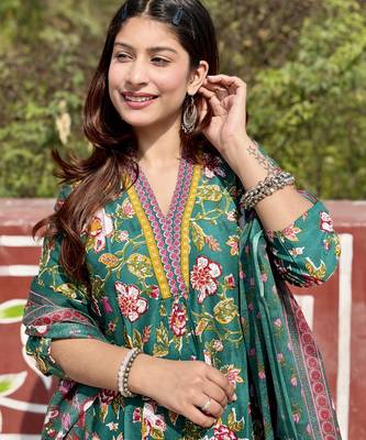 Women's Cotton Floral Printed Anarkali Kurta Palazzo Set with Dupatta  6