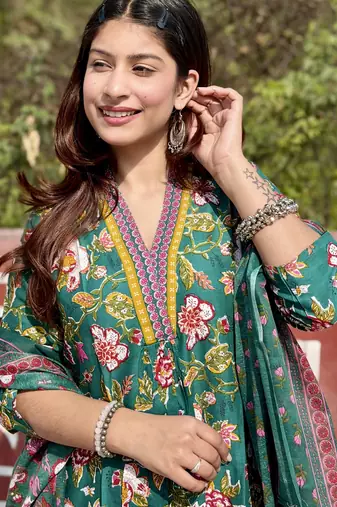 Women's Cotton Floral Printed Anarkali Kurta Palazzo Set with Dupatta 