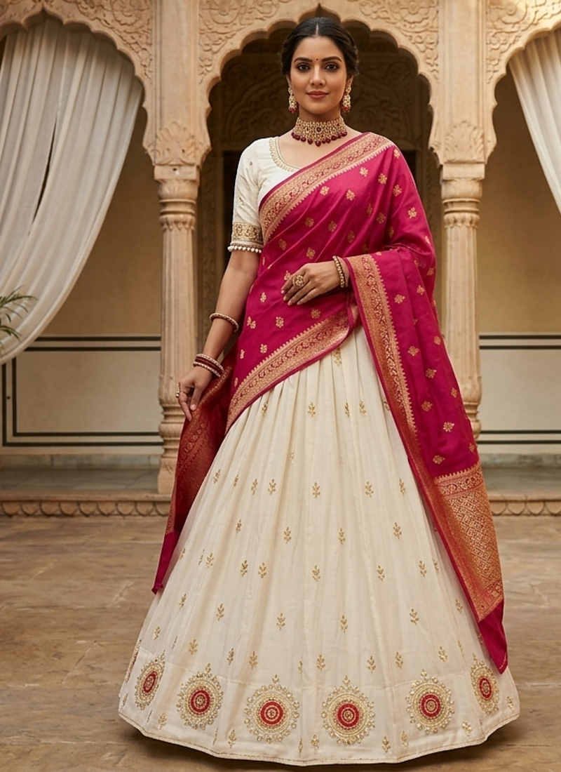 white embroidered party wear lehenga