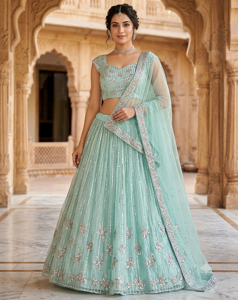 sky blue sequin work lehenga 