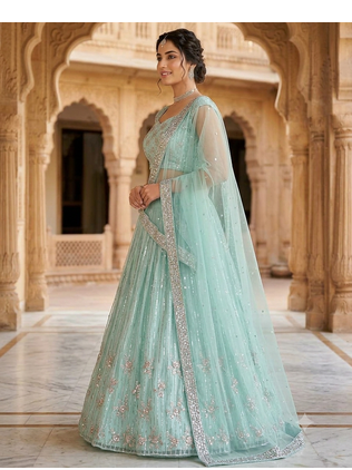 sky blue sequin work lehenga  2