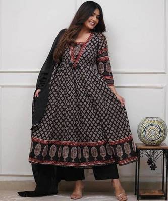 Black cotton floral printed ethnic kurta set with dupatta 1
