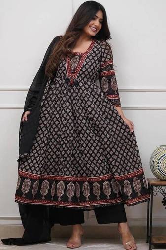 Black cotton floral printed ethnic kurta set with dupatta