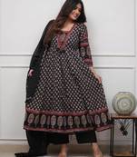 Black cotton floral printed ethnic kurta set with dupatta