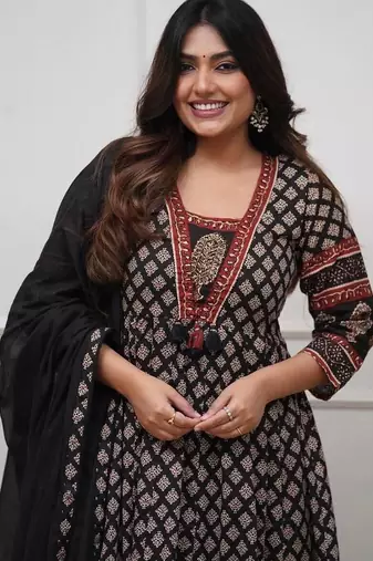 Black cotton floral printed ethnic kurta set with dupatta