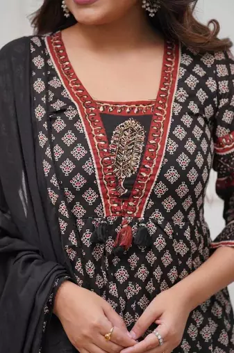 Black cotton floral printed ethnic kurta set with dupatta