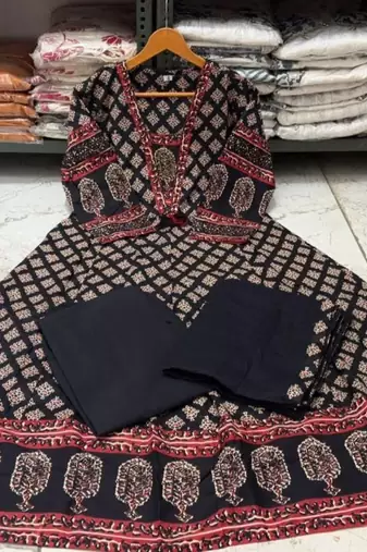 Black cotton floral printed ethnic kurta set with dupatta