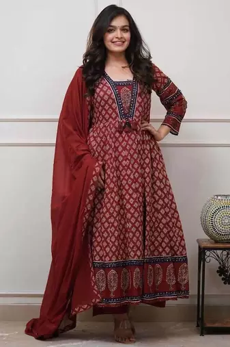 Maroon cotton floral printed ethnic kurta set with dupatta