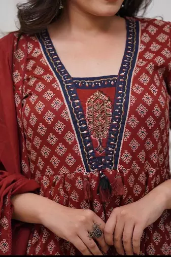 Maroon cotton floral printed ethnic kurta set with dupatta