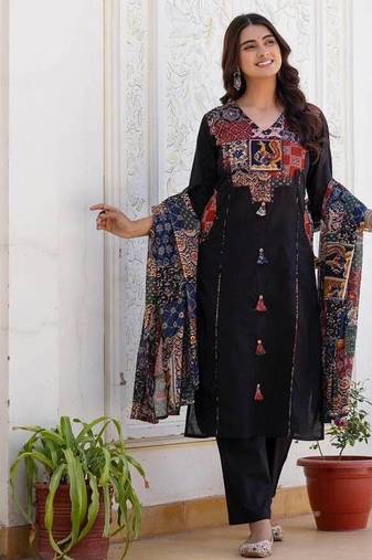 Black cotton geometric printed ethnic kurta set with dupatta