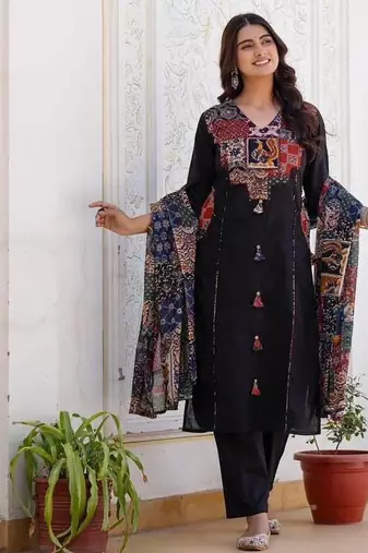Black cotton geometric printed ethnic kurta set with dupatta