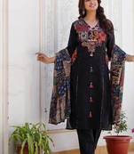 Black cotton geometric printed ethnic kurta set with dupatta
