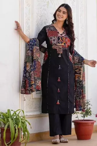 Black cotton geometric printed ethnic kurta set with dupatta