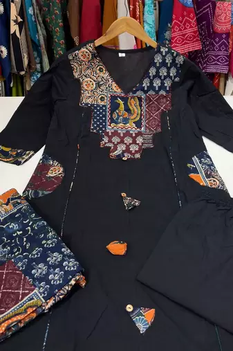 Black cotton geometric printed ethnic kurta set with dupatta