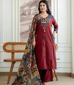 Maroon cotton geometric printed ethnic kurta set with dupatta