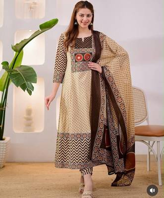 Brown cotton geometric printed ethnic kurta set with dupatta 1