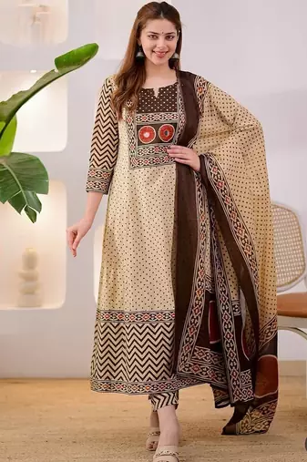 Brown cotton geometric printed ethnic kurta set with dupatta