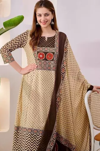 Brown cotton geometric printed ethnic kurta set with dupatta