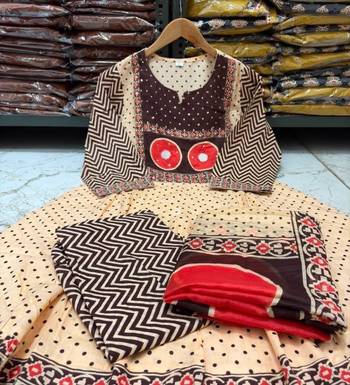 Brown cotton geometric printed ethnic kurta set with dupatta 4