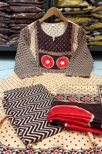 Brown cotton geometric printed ethnic kurta set with dupatta