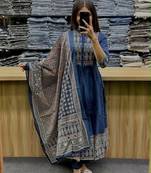 Blue cotton geometric printed ethnic kurta set with dupatta