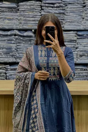 Blue cotton geometric printed ethnic kurta set with dupatta