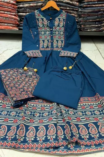 Blue cotton geometric printed ethnic kurta set with dupatta