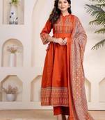 Orange cotton geometric printed ethnic kurta set with dupatta