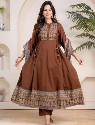 Brown cotton geometric printed ethnic kurta set with dupatta 1