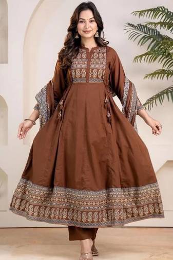 Brown cotton geometric printed ethnic kurta set with dupatta