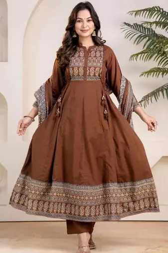Brown cotton geometric printed ethnic kurta set with dupatta