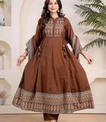 Brown cotton geometric printed ethnic kurta set with dupatta