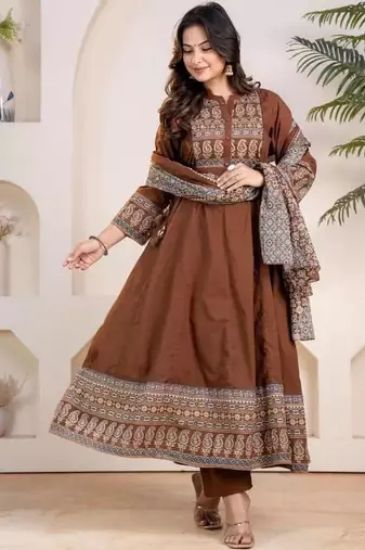 Brown cotton geometric printed ethnic kurta set with dupatta